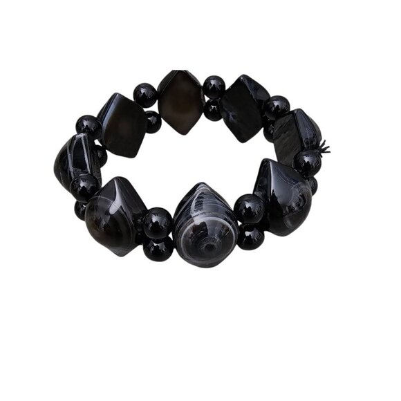 💎Vintage Glass Gemstone Eye Agate Hexagon Black Stretch Bracelet - Picture 3 of 5